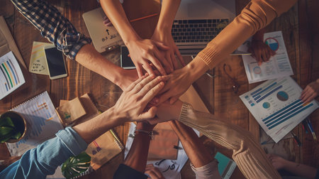 Group of business people putting their hands together while celebrating success at office, Generative AI illustrations.の素材