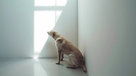 Labrador retriever dog sitting on the floor in the room, Generative AI illustrations.の素材