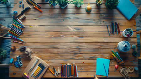 Top view of wooden table with colorful pencils and other stationery, Generative AI illustrations.の素材