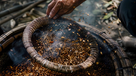 The process of making a wicker basket in the traditional way, Generative AI illustrations.の素材