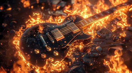 Electric guitar on fire background, Music concept, Generative AI illustrations.の素材