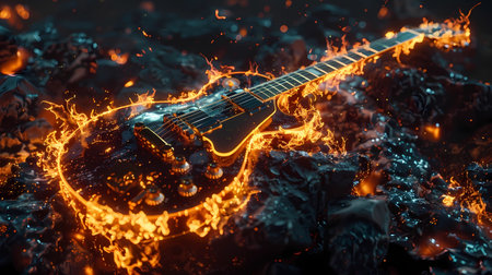 Electric guitar in flames on black background, Generative AI illustrations.の素材