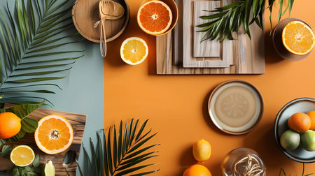 Flat lay composition with different citrus fruits and juicer on color background, Generative AI illustrations.の素材