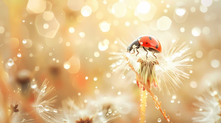 Beautiful ladybug on dandelion flower with bokeh background, Generative AI illustrations.の素材