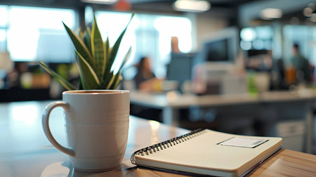 Coffee cup with notebook on table in coffee shop blur background,  Generative AI illustrations.の素材