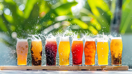 Soft drinks in plastic glass on wooden table, Blur background, Generative AI illustrations.の素材