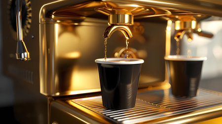 3D rendering of a coffee machine pouring fresh coffee into a cup, Generative AI illustrations.の素材