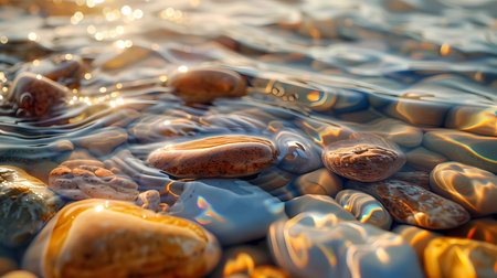 Colorful pebbles on the beach in the rays of the setting sun, Generative AI illustrations.の素材