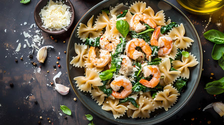 Pasta fusilli with shrimps, spinach and parmesan, Generative AI illustrations.の素材
