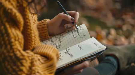 Young woman writing in diary in autumn park. Closeup of female hands writing in notebook.の素材