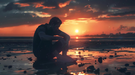 Young man sitting on the beach at sunset. 3d rendering.の素材