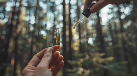 Woman's hand holding a pipette with essential oil in the forestの素材