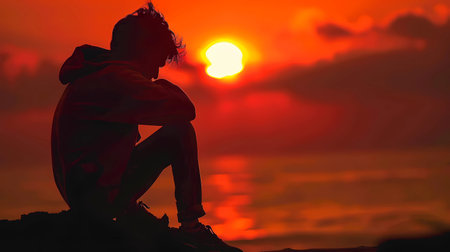 Silhouette of a young man sitting on a rock at sunsetの素材