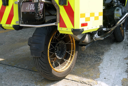Close up of the wheel of a fire engine.