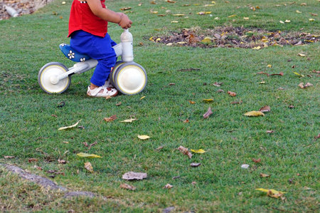 Little boy playing on the grass in the park with his toys.の写真素材