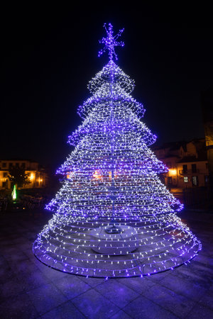 Christmas tree lights decoration in Santa Comba Dao, Viseu district, Portugal. Street light decoration.の写真素材