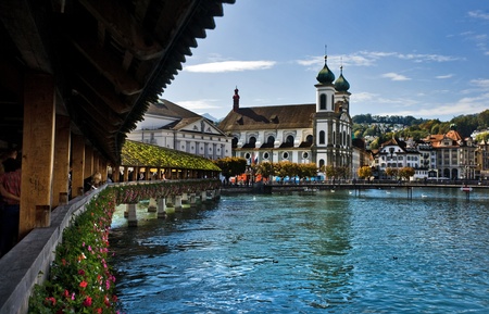 Lucerne, Switzerland, October 2, 2010 - View from the Chapel Bridge in Lucerne, Switzerland. The oldest wooden covered bridge in Europe. のeditorial素材