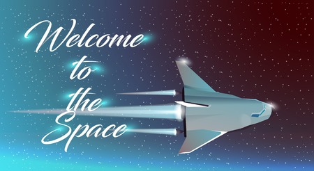 Vector web illustration Space tourism. Spaceship. The rocket ship flying in the space. Spaceship background. Projects template for business. poster, abstract vector illustration.のイラスト素材