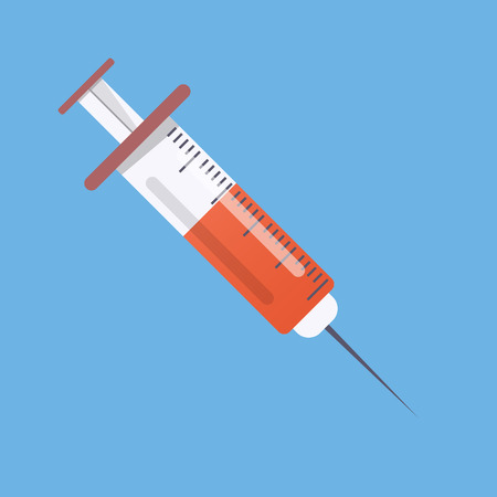 Vector syringe icon for injection vaccine with red blood liquid isolated on blue backgroundのイラスト素材