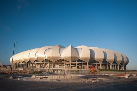 South Africa will host the next soccer world cup. Here a view of the beautiful new Porth Elizabeth stadium dedicated to Nelson Mandelaのeditorial素材
