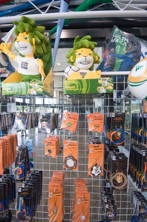 DURBAN - MAY 04:  vuvuzela and other gadgets displayed in the official merchandising shop inside the stadium may 04 2010 in Durban, SouthAfricaのeditorial素材