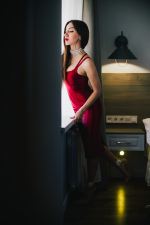 Sexy gorgeous beautiful girl standing near mirror with red dress, elegant hair-style and make-upの写真素材