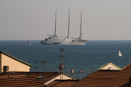 LIDO DI CAMAIORE,ITALY-JUL.22:Yacht A, owned by Russian billionaire Andrey Melnichenko, is anchored off Lido di camaiore's coast, on the 22th of july 2017 in the coastline of tuscany,Italy. The 143 meter long yacht is th elongest sail boat in the world.のeditorial素材