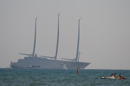 LIDO DI CAMAIORE,ITALY-JUL.22:Yacht A, owned by Russian billionaire Andrey Melnichenko, is anchored...