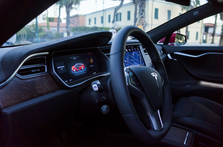 FORTE DEI MARMI, ITALY - JUL, 16: Digital dashboard on Model S car as model s is presented to public in forte dei marmi an exclusive location in the tuscany riviera on the 16th july 2017 in Forte dei Marmi, Italyのeditorial素材