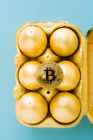 One old aesopus story  tells about the chick who  makes the golden egg, in this case she makes bitcoin, conceptual composition for bitcoin and new economy, bitcoin over a package of golden eggs, blue.の写真素材