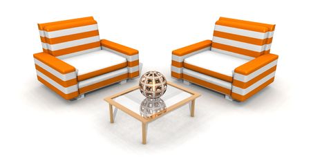 a 3d render of two archairs and a little glass tableの写真素材