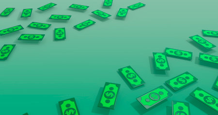 Illustration of dollar banknotes falling on green background with copyspaceの写真素材