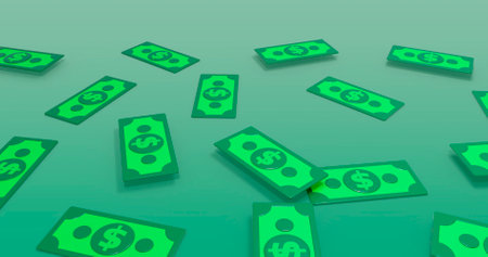 3d rendering of dollar bills falling on green background with copy spaceの写真素材