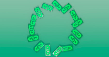 Illustration of dollars flying in the air on a green background.