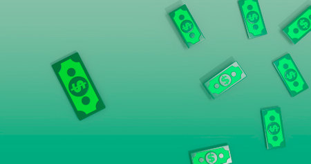 Illustration of green dollar banknotes falling on green background with copy spaceの写真素材
