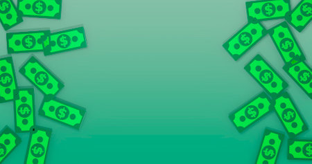 Illustration of a green background with dollar bills, 3d renderingの写真素材