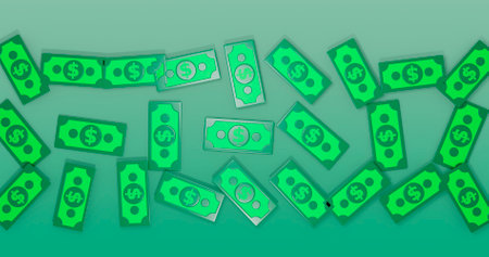 Illustration of green dollar bills falling on green background, seamless loopの写真素材