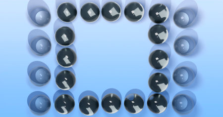 Abstract 3d rendering of plastic geometric shapes in blue background. Reflective surface pattern.