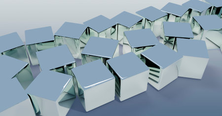 3d rendering of a group of cubes in blue background with reflection