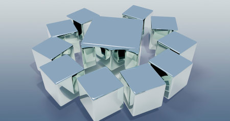 Abstract 3d render of metallic cubes on gray background with reflection.