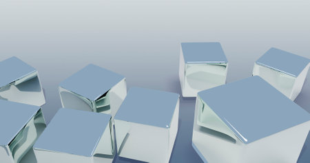 3d rendering of a group of metallic cubes in gray background.