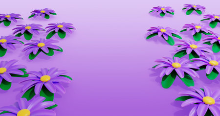 Purple flowers with green leaves on purple background. Vector illustration.