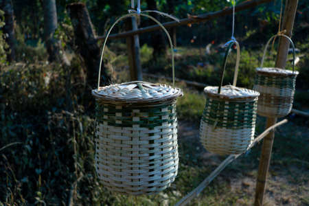 Bamboo baskets for sale on the roadside, traditional handicraft