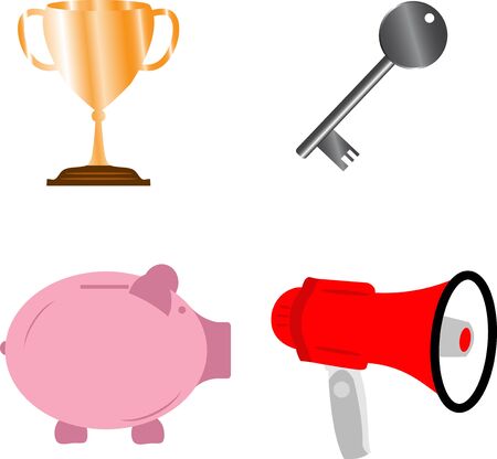 Business success concept elements, key award cup, piggy bank and bullhorn setのイラスト素材
