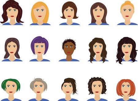 Women avatar faces set with different hairstyle and colorのイラスト素材