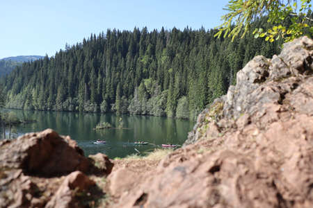 Red Lake Landscape, Carpathians Montains, Romania, Bicaz Areaの写真素材