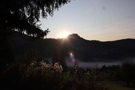 Morning fog in the Carpathians mountains, landscape, Red Lake area, Romaniaの写真素材