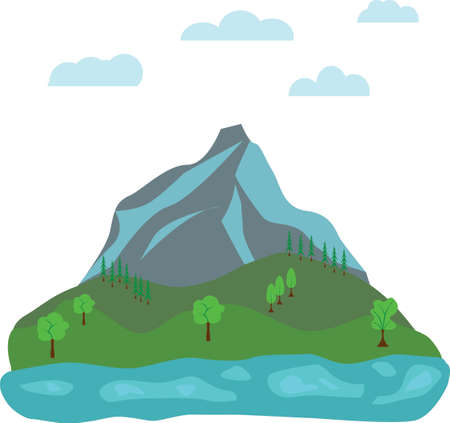 Flat nature landscape design, with mountain, green fieldのイラスト素材