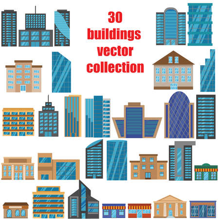 Collection of different modern city buildings set vector flat designのイラスト素材