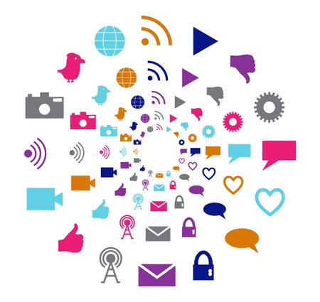 Social technology and media motion circle in bright colors filled with icons associated with social media and networking creating a visual effectのイラスト素材